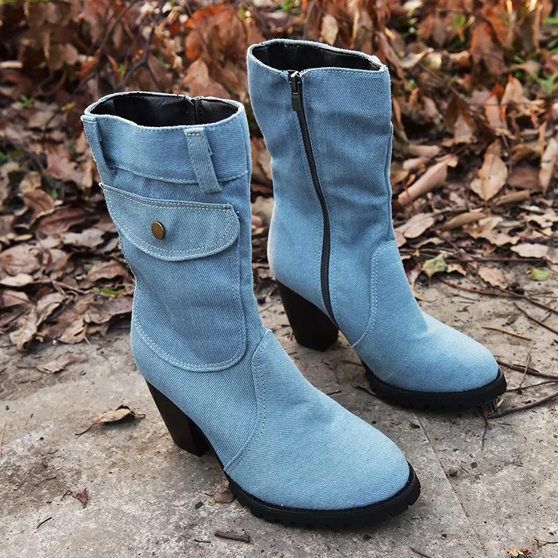 

EOEODOIT Women Denim Cotton Boots Autumn Winter High Heel Pointed Toe Side Zip Mid Calf Pumps Shoes Female Plus size