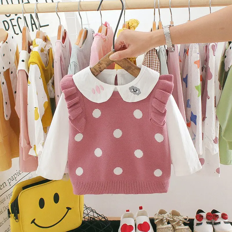 Комплект осенней одежды из 2 предметов; комплект одежды для детей для новорожденных девочек детская одежда топы с длинными рукавами, футболка Топ+ трикотаж, вязаный жилет; Верхняя одежда; S9660 - Цвет: Pink