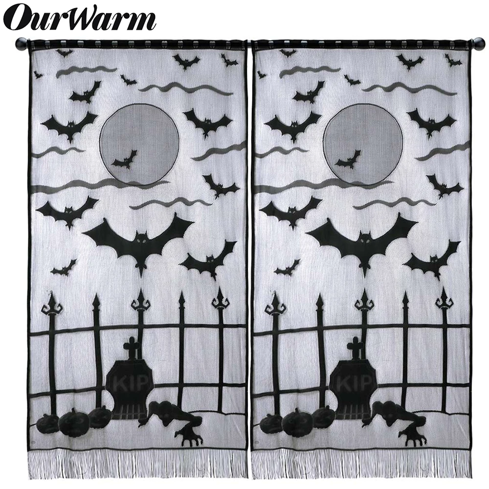OurWarm Halloween Window Curtain Horror Black Lace Props Pumpkin Bat Ghost Door Wall Hanging Halloween Party Decoration