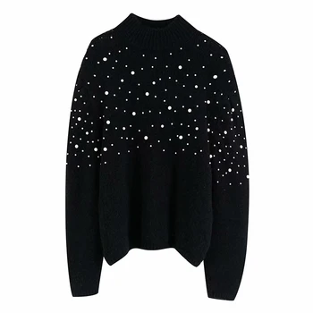

2019 New Pullover Autumn Women Sweater Knitted Casual Black Jumper O-neck Long Sleeve Loose With Beading Pull Femme Sweaters
