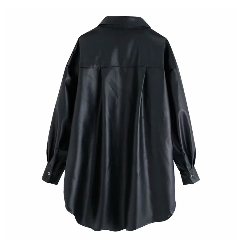 Черная Женская рубашка из искусственной кожи с отворотом, однобортная, неровная, длинная, Ретро стиль, тяжелая работа, универсальная, локомотив, Женская длинная рубашка, Топ