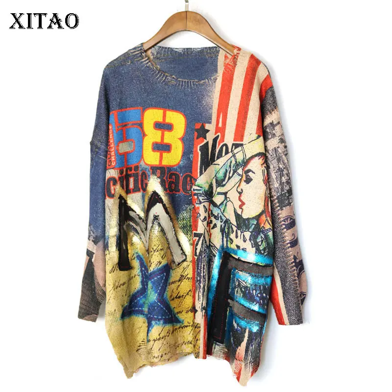XITAO Tide Brand Printing Bronzing Sweater Women Clothes 2019 Fashion Patchwork Letter Vintage Loose Knitted XJ2418 | Женская одежда