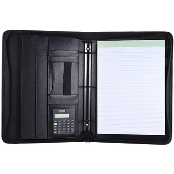 

A4 Leather Business Portfolio Padfolio Folder with Business Card U Flash Disk Holder Memo Note Pad Loose-Leaf Loop