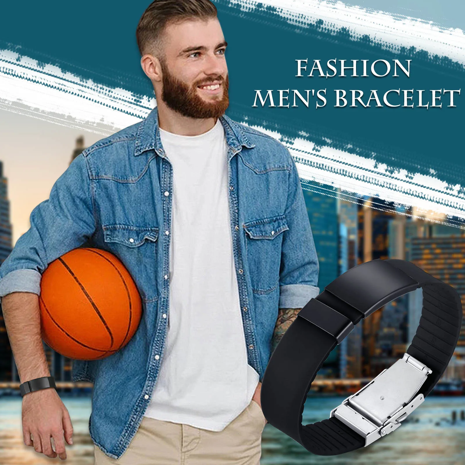 Silicone bracelet for men women casual with stainless steel medical tag length adjustable