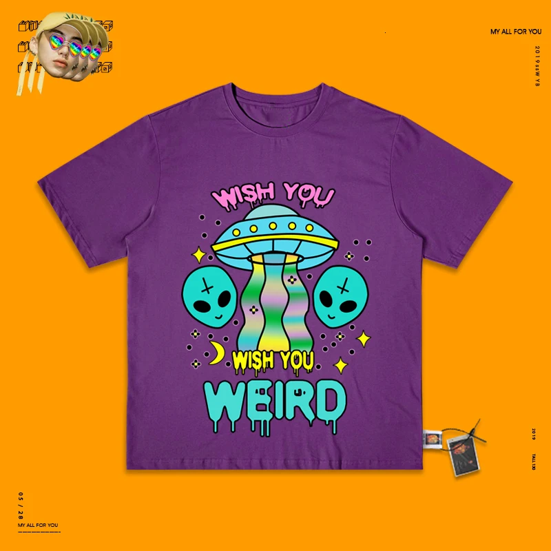 Camiseta, уличная одежда, топ, эстетика, уличная одежда, Harajuku, пара, индивидуальная, Ins, ручная роспись, Паровая волна, инопланетянин, НЛО, круглый вырез - Цвет: Violet