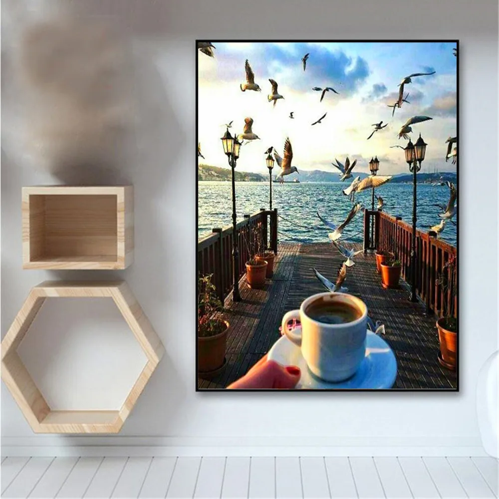 HUACAN Pictures By Numbers Bridge Landscape Art DIY Oil Painting By Numbers Coffee Cup Scenery Coloring Canvas Painting