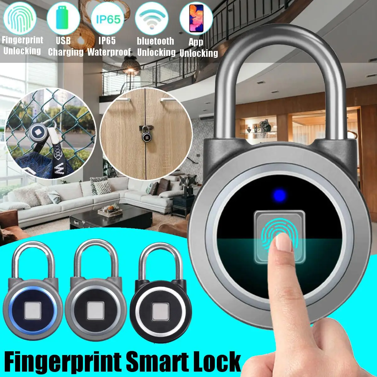 

Waterproof Keyless Portable Bluetooth Smart Fingerprint Lock Padlock Anti-Theft APP Control Charging Door Cabinet Padlock