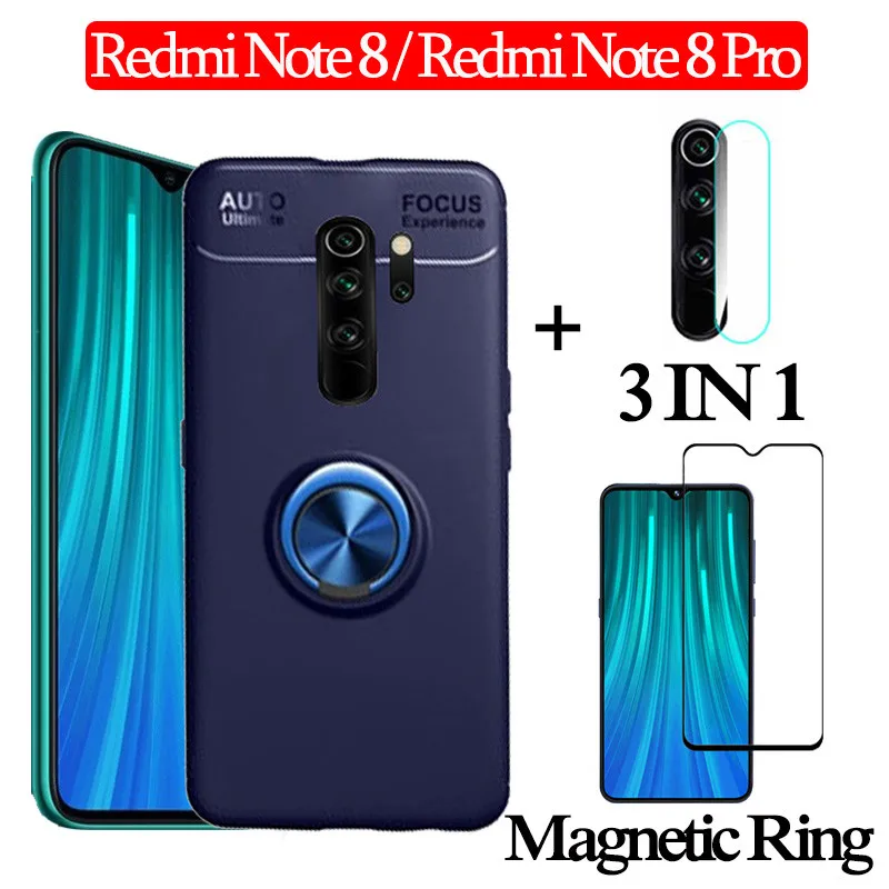 3-в-1 стекло+ магнитом Силиконовое чехол редми нот 8 чехол на Xiaomi Redmi-Note-8-Pro мягкий чехол на телефона redmi note8 pro чехол полное покрытие чехол на редми ноут 8 про чехол redmi note 8 магнитная кольцом чехол - Цвет: 3-in-1 Blue Case