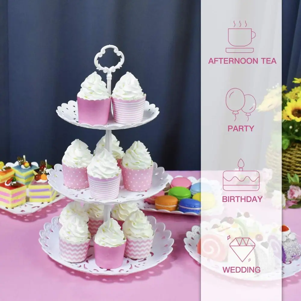  2pcs/pack Cupcake Stand Dessert Stand 3 Tier Cake Stand Fruit Plate Plastic Display Stand for Weddi