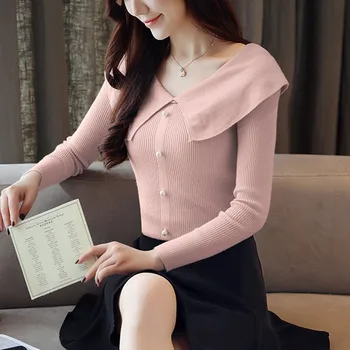 

ROPALIA Autumn Kintted Button Sweater Female Knitting Tops Women Long Sleeve Sweaters
