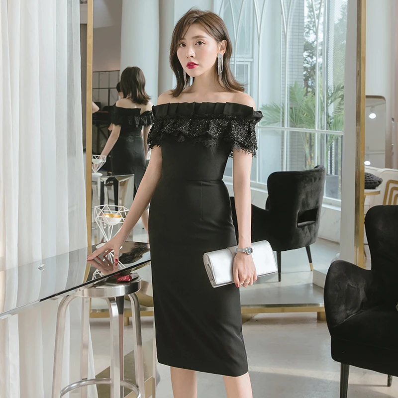 

YIGELILA Summer New Arrivals Black Dress Slash-neck Short Sleeves Lace Dress Sheath Knee-length Elegant Dress 65193