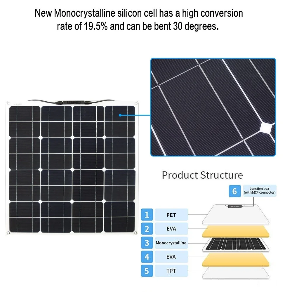 painel solar flexível kit de alta eficiência célula monocristalina pces watt painel solar para casa telhado rv carro barco