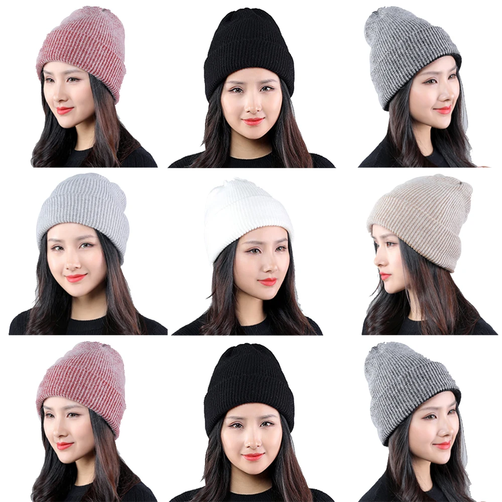 Adult Hairball Knit Hat Casual Skullies Beanies Women Men Solid Rabbit fur Cap Warm Windproof Outdoor Accessories