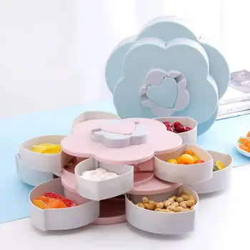 

Creative Flower Shaped Rotary Snack Storage Box Practical Single/Double-deck Fruit Divided Grid Plate for Wedding Party