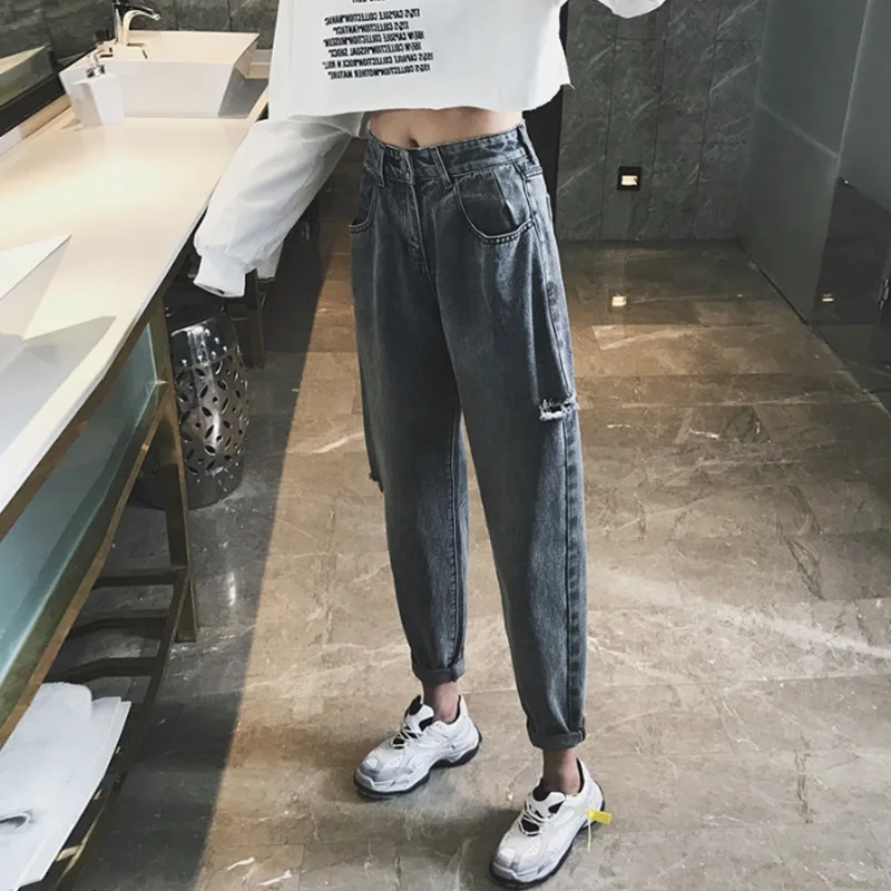 Женские джинсы, свободные, 2XL, с высокой талией, джинсовые, с дырками, винтажные брюки, женские, подходят ко всему, корейский стиль, студенческие, повседневные, модные, женские, BF, Новинка