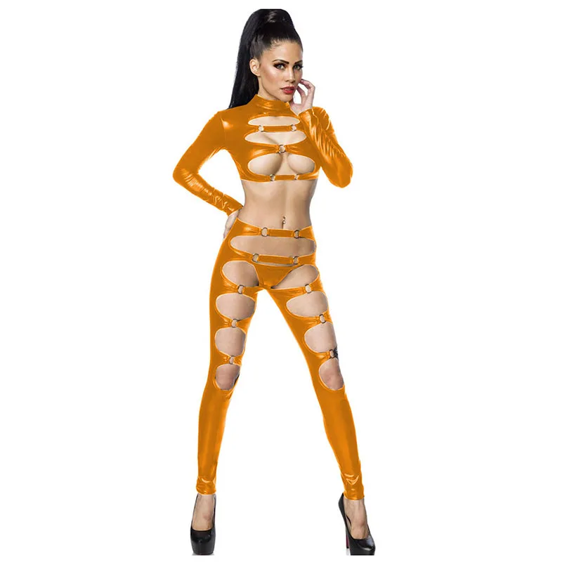 Plus Size Two Piece Set Outfit Women Long Sleeve Hollow Out Top Slim Leggings Comfort Sexy Stripper Nightclub Pole Dancing Wear 3