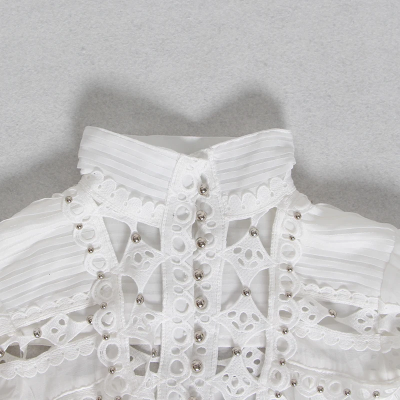 CHICEVER Sexy Beading Patchwork Women Blouse Stand Collar Lantern Sleeve Hollow Out Shirt Female Fashion Autumn New Clothes