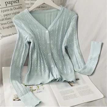 

Knitted Cardigan Korean Cropped Cardigan Women Crop Sweater White Green Hollow Out Cardigans 2020 Long Sleeve V Neck Clothes New