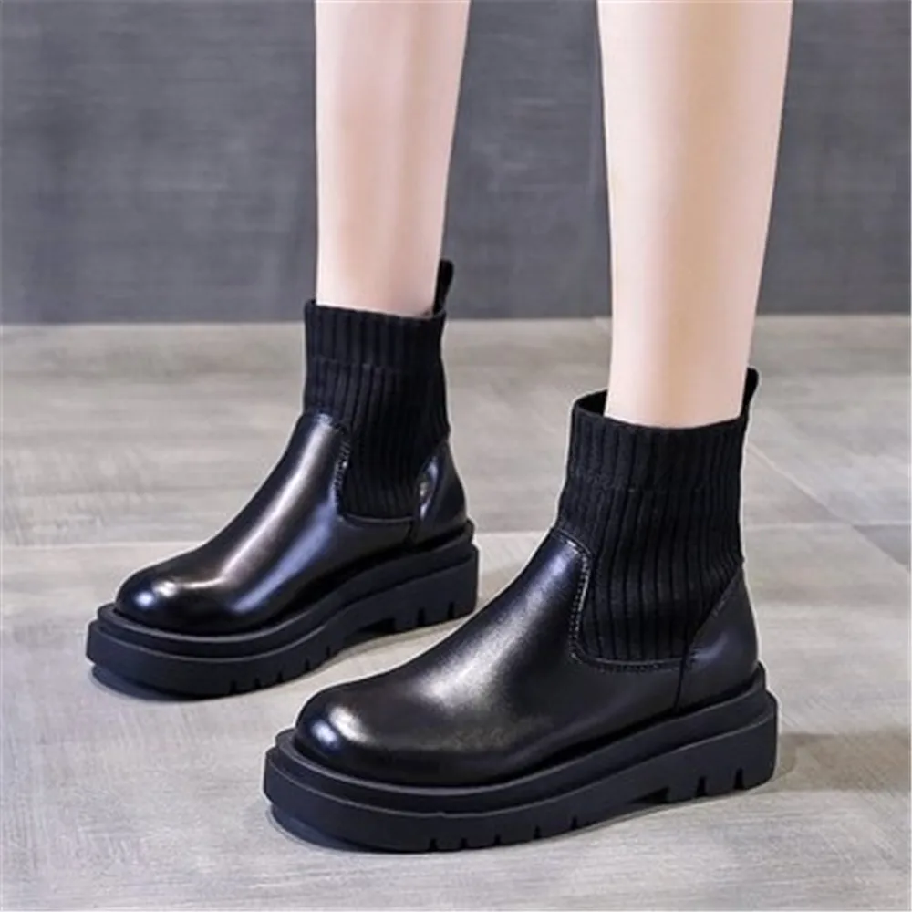 

2024 New Women Chunky Ankle Boots Fashion Platform Female Round Toe Slip-On Antiskid Resistance Wear Knitted Elastic Shoes Botas