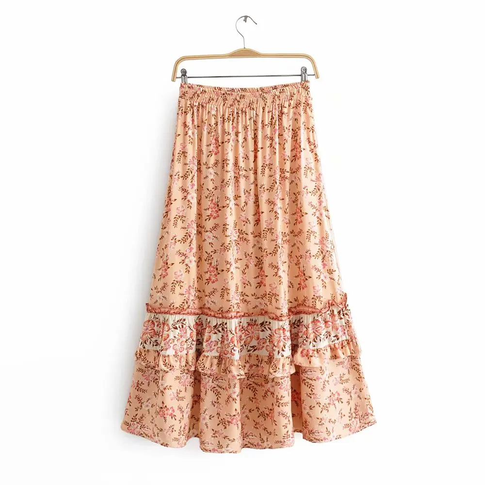 Свободные шикарные миди юбки с цветочным принтом, Boho, эластичная высокая талия, Винтажная летняя одежда, хиппи, пляжные повседневные длинные юбки для женщин