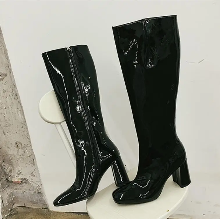 Женские сапоги из лакированной кожи на высоком каблуке; Botines Mujer; коллекция года; Botas Mujer; зимняя обувь; женские пикантные рыцарские сапоги; Bota Feminina