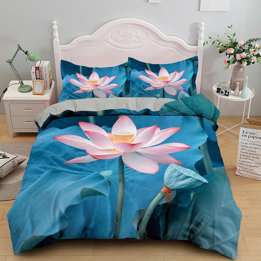 Unique Design Lotus Twin Full Single Bedding Set Luxury King Queen Size Duvet Cover Sets Artistic Bed Linen 