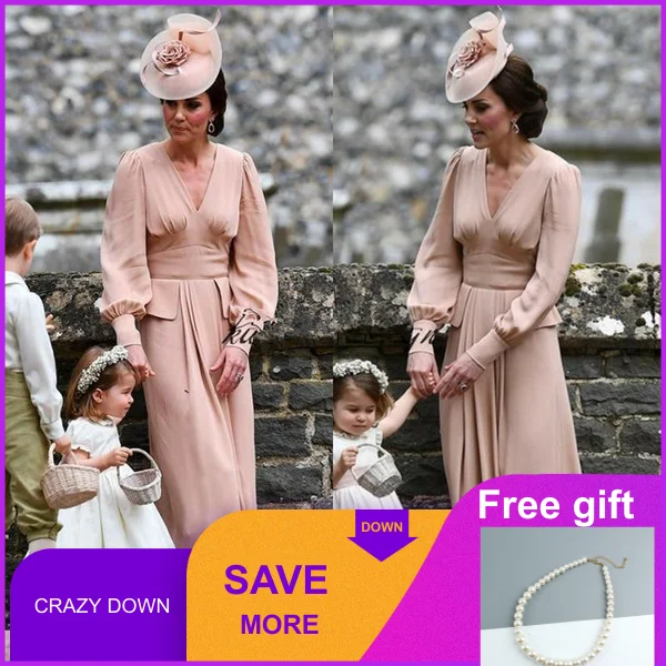 Kate Middleton, простые шифоновые платья для матери невесты, длинные рукава, длина до середины икры, винтажное свадебное платье для гостей, v-образный вырез, пыльно-розовый цвет