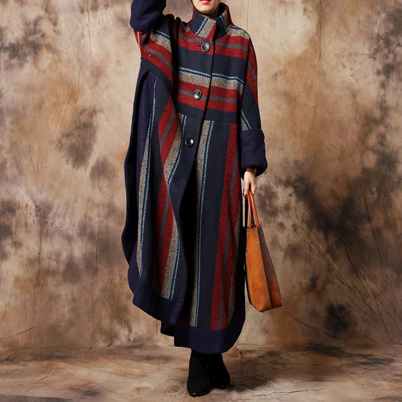 Johnature 2019 Women England Style Wool Coats Striped Turtleneck Button Thicken Warm Winter For Loose Patchwork Coat | Женская одежда