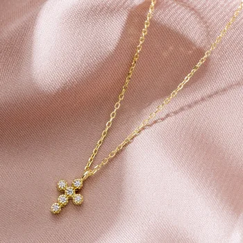 

925 Sterling Silver Cubic Zircon Small Cross Pendant Statement Gold Color Chain Crucifix Christian Necklaces Jewelry for Women