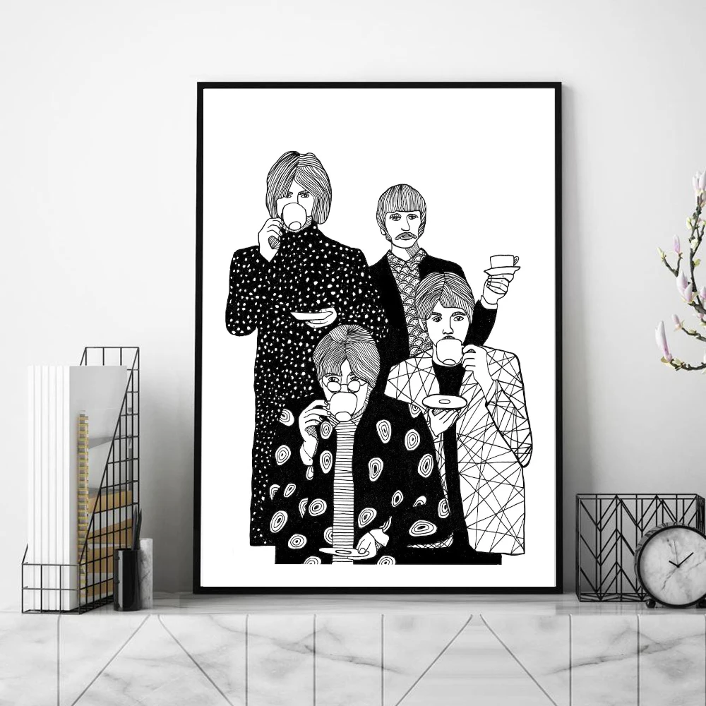 

Nordic Abstract Drinking Tea Art Canvas Painting Posters And Prints Black White Four Man Wall Pictures For Living Room Decor