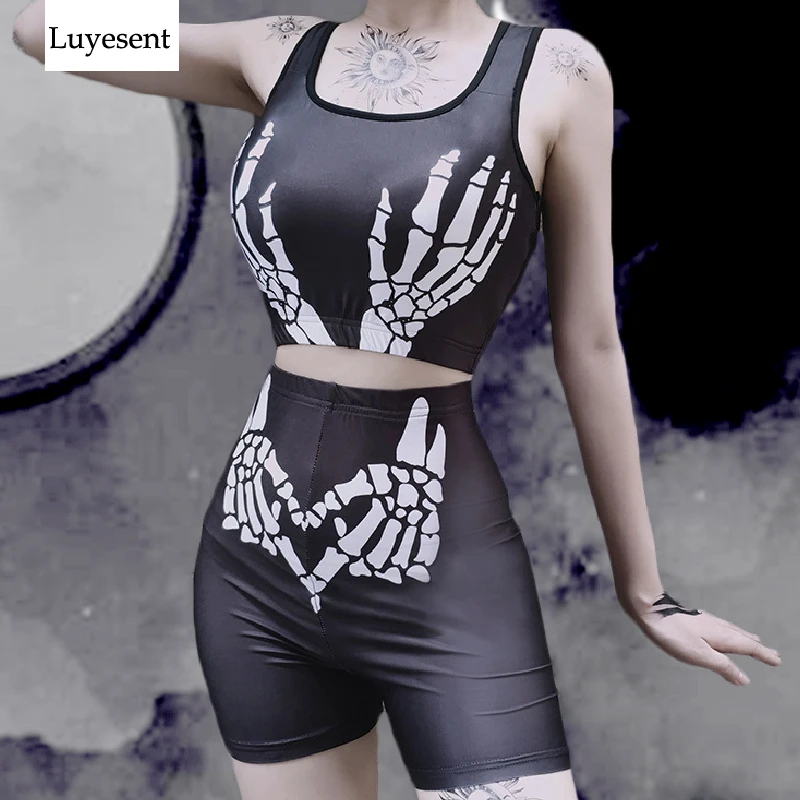Black Dark Goth Women Tight Sport Set 2020 Summer Cool Skeleton Print Camis & High Waist Shorts Hipster Gothic Punk Sexy Sets