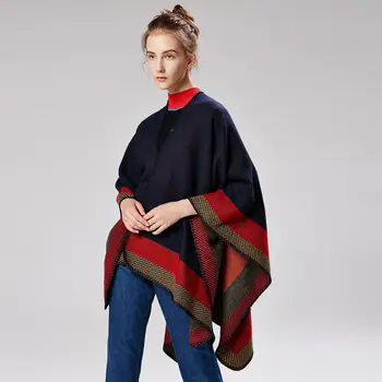 

Winter Warm Ponchos and Capes Women Scarf Striped Pashmina Travel Shawl Imitation Cashmere National Wind Fork Thick Wraps Mujer