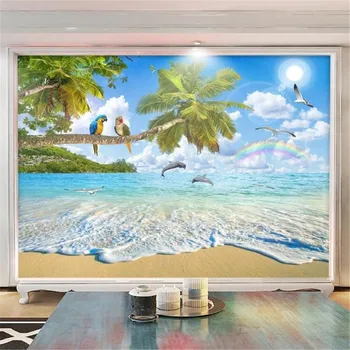 

Milofi Custom 3D Wallpaper Mural Natural Scenery Landscape Painting Coconut Tree Dolphin Bay TV Background Wall