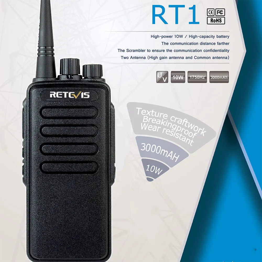 10W Professional Walkie Talkie Retevis RT1 VHF UHF 16CH 3000mAh Battery VOX Scan Scrambler 1750Hz Tone 1