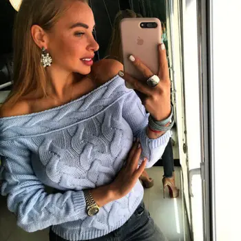 

Hirigin Fashion Solid Color Long Sleeve Off Shoulder Loose Tops Sweaters Ladies Autumn Winter Sweaters Woman 2019 Hot