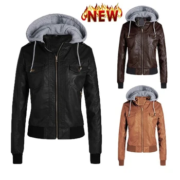 

2020 New Fashion Women Autumn Winter Black Faux Leather Jackets Zipper Basic Coat Biker Jacket Pockets