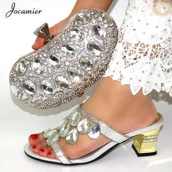 

Silver Italian Shoes and Bags To Match Shoes with Bag Set Decorated with Rhinestone Nigerian Women Wedding Shoes T26