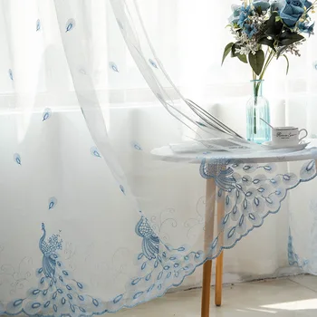 

Embroidered Pink Bird Feather Design Net Sheer Curtains for Living Room Bedroom Blue Beige Curtain Tulle Custom Drapery M081T2