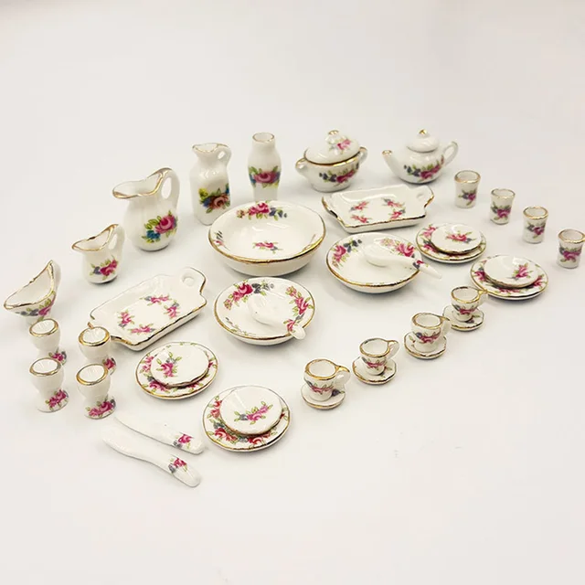 Miniature doll house pink Flower Patten Porcelain Coffee Tea Cups Ceramic Tableware Dollhouse Kitchen Accessories 6