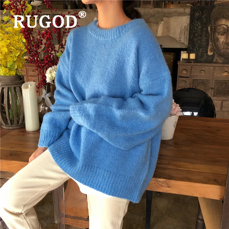 RUGOD/Новинка года; зимний теплый женский свитер; пуловеры с круглым вырезом; длинный рукав; Свободный вязаный свитер свободного кроя; Модный женский Повседневный свитер