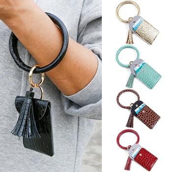 

New Women Card Holder Purse PU Leather Bracelet Keychain Leopard Crocodile Pattern Wallet Coin Bag With Tassels Keyring Pendant