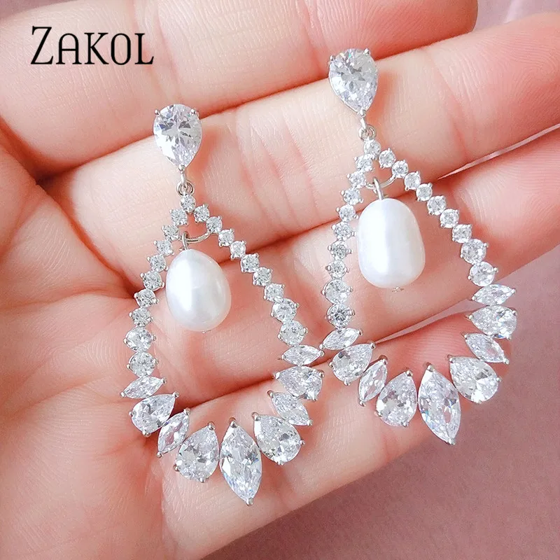 ZAKOL Роскошные полые серьги-капли из циркония с огранкой маркизы для женщин, свадебные модные ювелирные изделия из искусственного жемчуга, аксессуары FSEP2245