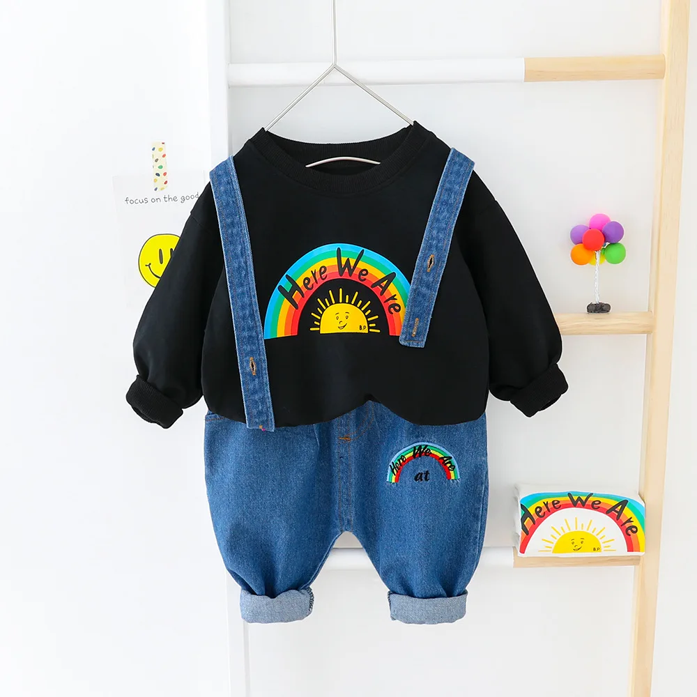 Spring Infant Clothing For Baby Boy Set Rainbow Pattern Hoodie Top+Denim Suspenders Pants 2pcs Black White Cotton Toddler Suit - Цвет: Black