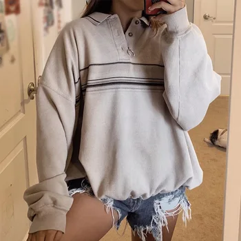 

England Vintage Stylish Stripe Girl Sweatshirt Women Tops 2020 Autumn New Loose Pullovers Buttons Long Sleeve Clothing Plus Size