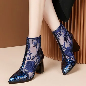 

Genuine Leather Sandals Mesh Boots Woman Embroidery Flower Women's Hoes Heels Pointed Toe Chunky Heel Female