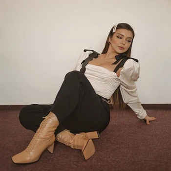 

Adyce Summer New Lantern Long Sleeve Bodysuit Apricot And Black Patchwork Bow Women Fashion Sexy Folds Bodycon Casual Bodysuits