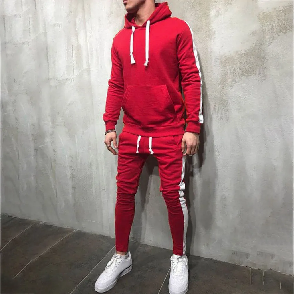 Red Спортивный костюм Толстовка мужские комплекты осень зима полосатый худи в стиле пэчворк топ брюки спортивный костюм спортивный мужчина Прямая c - Цвет: Red