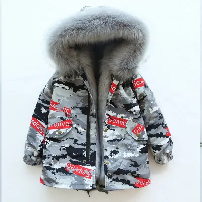 Пальто с мехом для девочек; куртка с искусственным лисьим мехом; зимняя детская одежда; камуфляжная верхняя одежда для мальчиков и девочек; детское меховое пальто; TZ155 - Цвет: Camo Red Grey