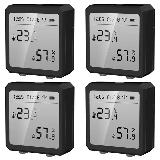 Tuya Smart Life WiFi Temperature & Humidity Sensor Bluetooth-compatible Thermometer With LCD Display For Alexa Google Home 4PCs Black