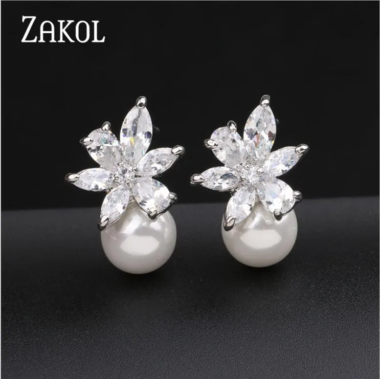 ZAKOL Fashion Cute Exquisite Flower Stud Pearl Crystal Earings White AAA Zircon For Women Jewelry Wedding Party Gifts FSEL859